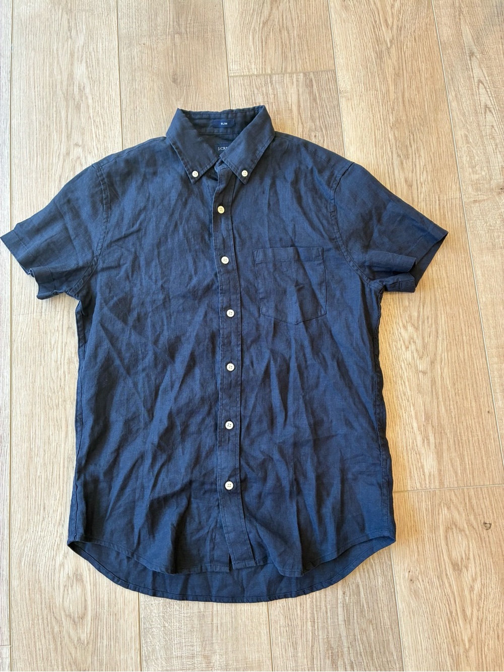 J Crew navy blue linen button down shirt short sleeve slim fit small